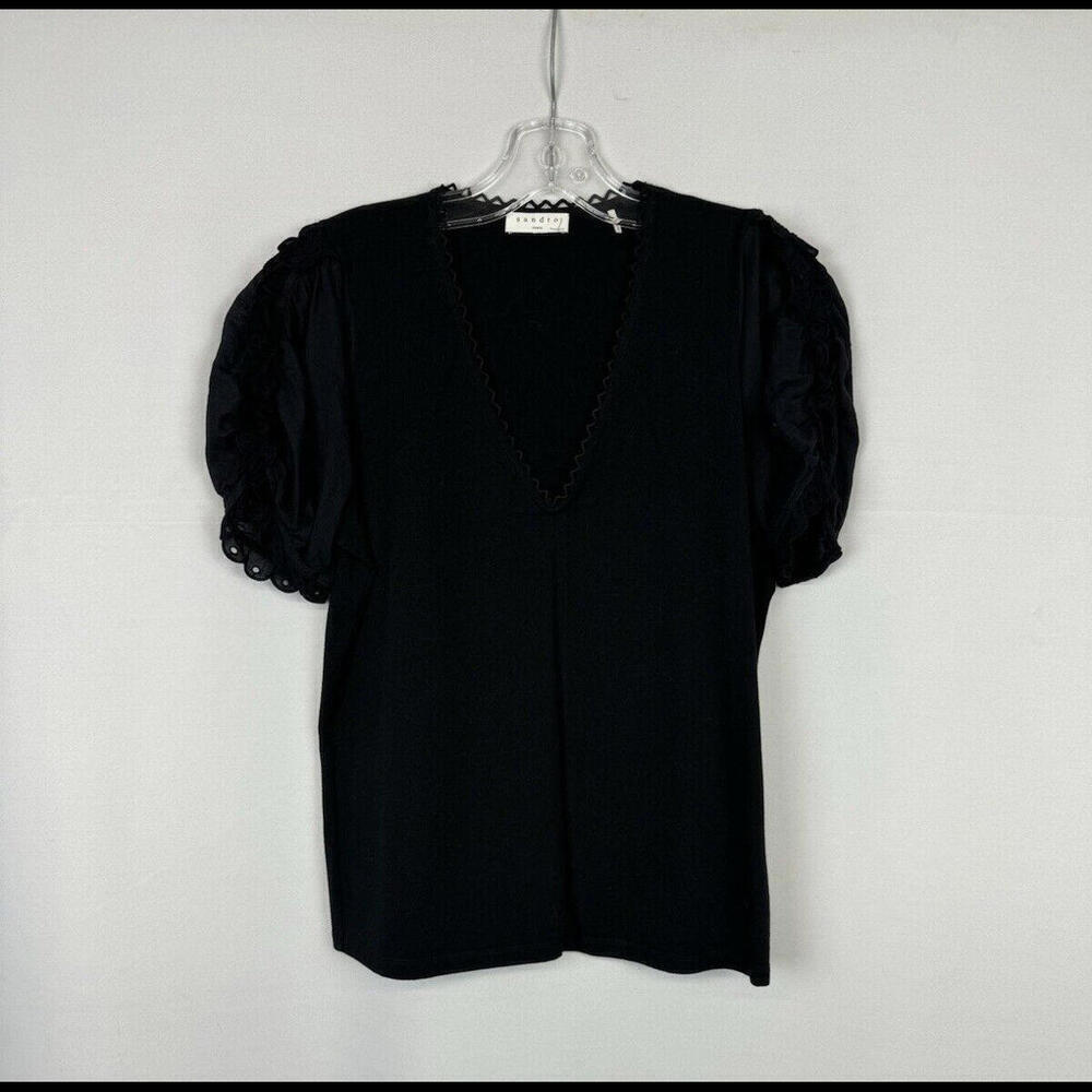 Sandro V-Neck Puffed Sleeve Blouse Black Size 1, US S
